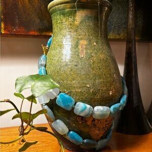 Turquoise double-stranded gemstone necklace (green display vase not for sale)